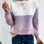 Ombre knit pullover, pale lavender to purple gradient, ribbed crew neck and cuffs