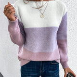 Ombre knit pullover, pale lavender to purple gradient, ribbed crew neck and cuffs