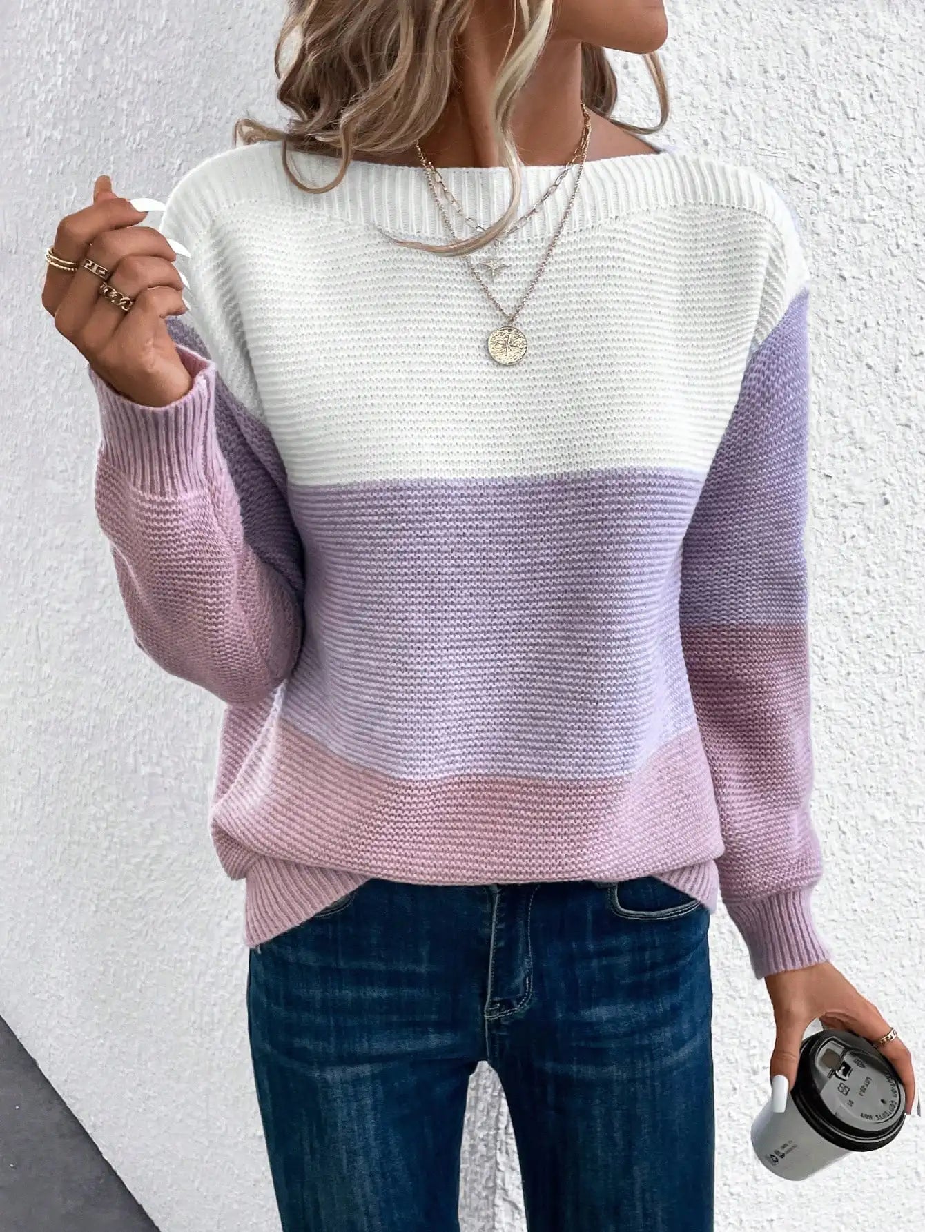 Ombre knit pullover, pale lavender to purple gradient, ribbed crew neck and cuffs