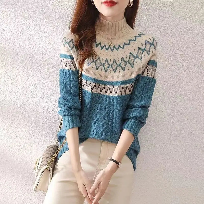 Birgit knit pullover in teal blue with fair isle yoke and cream turtleneck, long sleeves