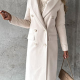 Cream double-breasted overcoat with notch lapels, long sleeves, and front button rows