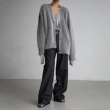 Dark gray fuzzy cardigan with V-neckline and button front, relaxed fit