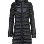 Black ultralight long puffer jacket with attached hood and full-length front zipper