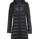 Black ultralight long puffer jacket with attached hood and full-length front zipper