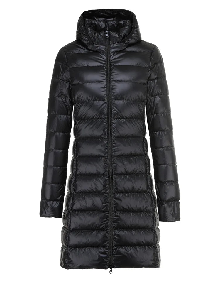 Black ultralight long puffer jacket with attached hood and full-length front zipper
