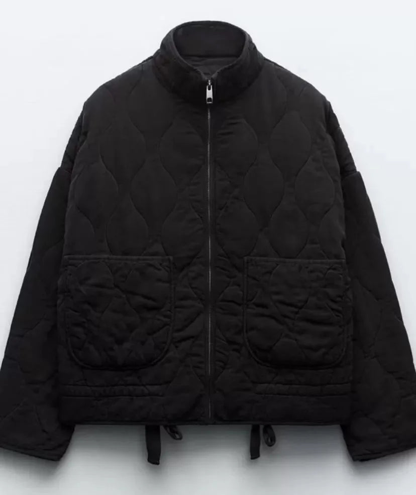 Black cropped quilted jacket with full zip and two flap pockets