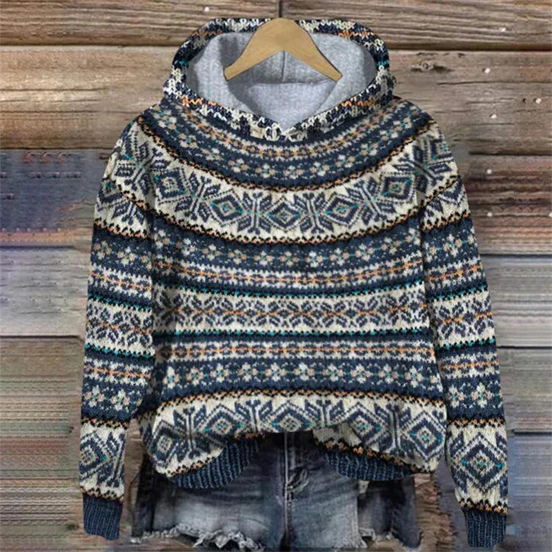 Mila patterned knit hoodie with hood, long sleeves, and ribbed cuffs