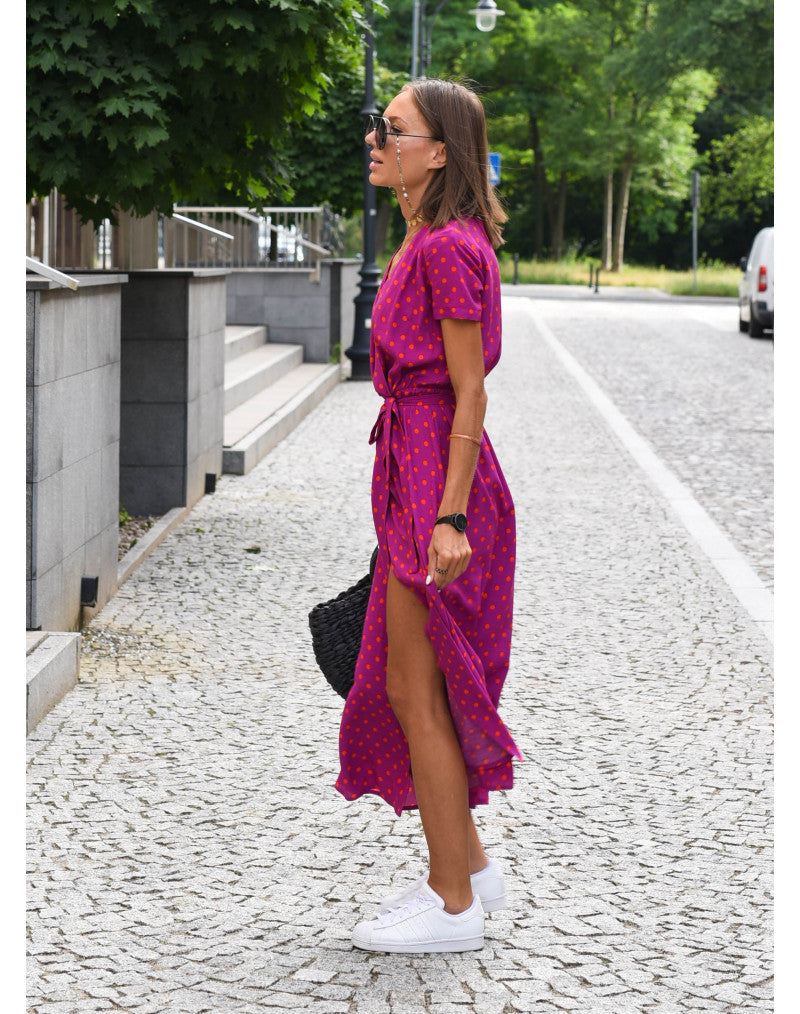 Comfy maxi dress, pink/green floral, short sleeves, tie waist, front slit