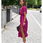 Comfy maxi dress, pink/green floral, short sleeves, tie waist, front slit