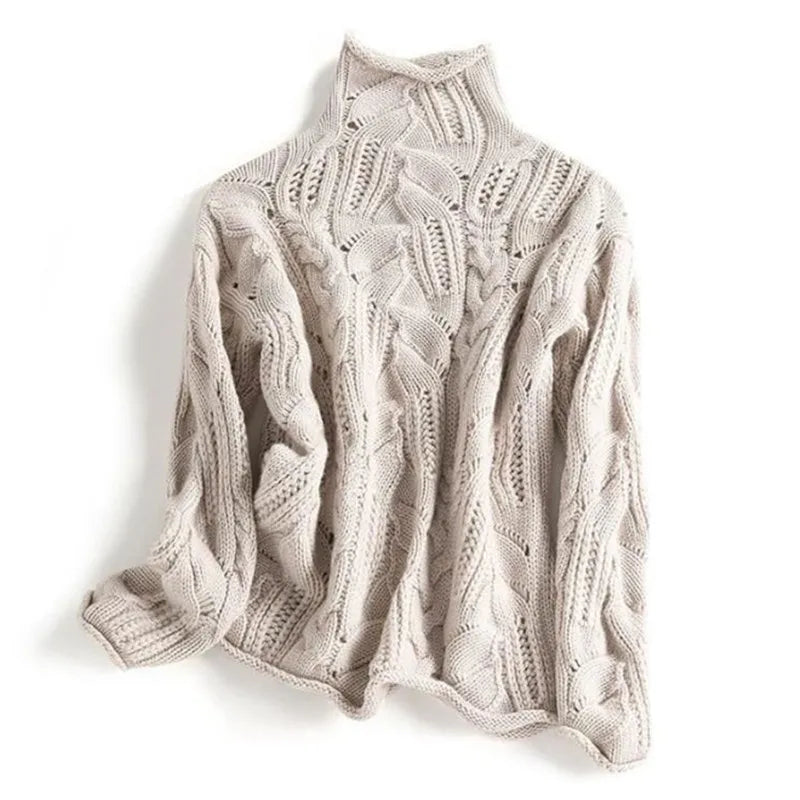 Cream cable-knit pullover with high neck and long sleeves