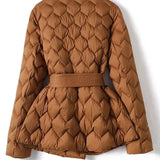 Caramel quilted puffer jacket from back with belt tie and long sleeves