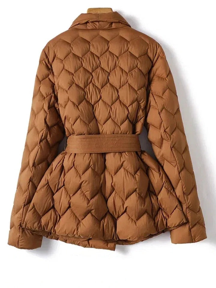 Caramel quilted puffer jacket from back with belt tie and long sleeves