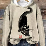 Iris soft warm hoodie, light gray with black cat graphic and front pocket