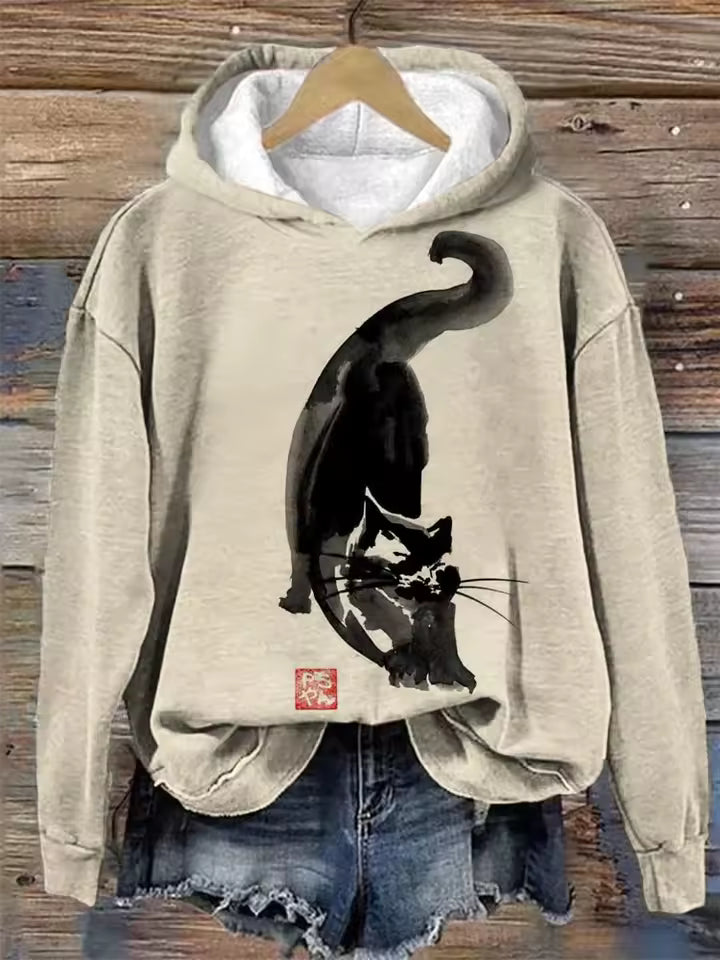 Iris soft warm hoodie, light gray with black cat graphic and front pocket