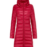 Red ultralight long puffer jacket with attached hood and full-length front zipper