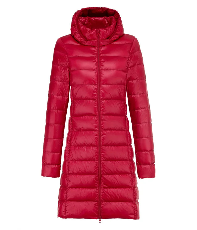 Red ultralight long puffer jacket with attached hood and full-length front zipper