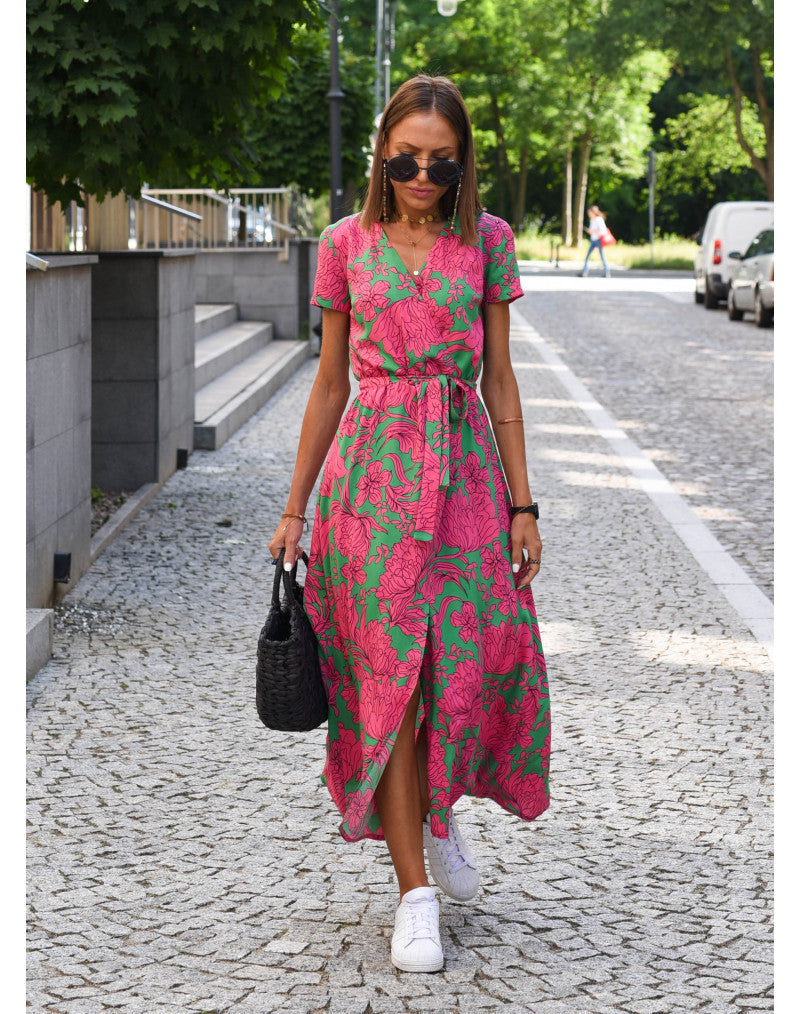 Comfy maxi dress, pink/green floral, short sleeves, tie waist, front slit