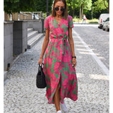 Comfy maxi dress, pink/green floral, short sleeves, tie waist, front slit