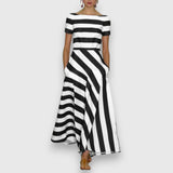 Striped maxi dress with short sleeves, boat neckline, draped waist panel in black/white