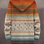 Multicolor knit cardigan back view with orange hood, striped yoke, full-zip