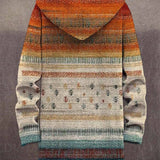 Multicolor knit cardigan back view with orange hood, striped yoke, full-zip
