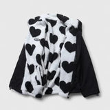 Black-and-white fleece jacket with heart print, full-zip, hood, dark side panels