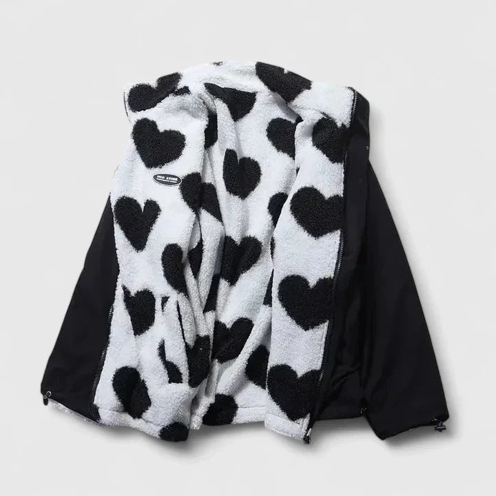 Black-and-white fleece jacket with heart print, full-zip, hood, dark side panels