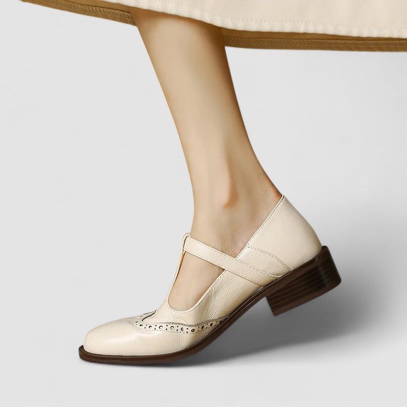 Beige orthopedic Mary Jane shoe with side buckle strap and low block heel