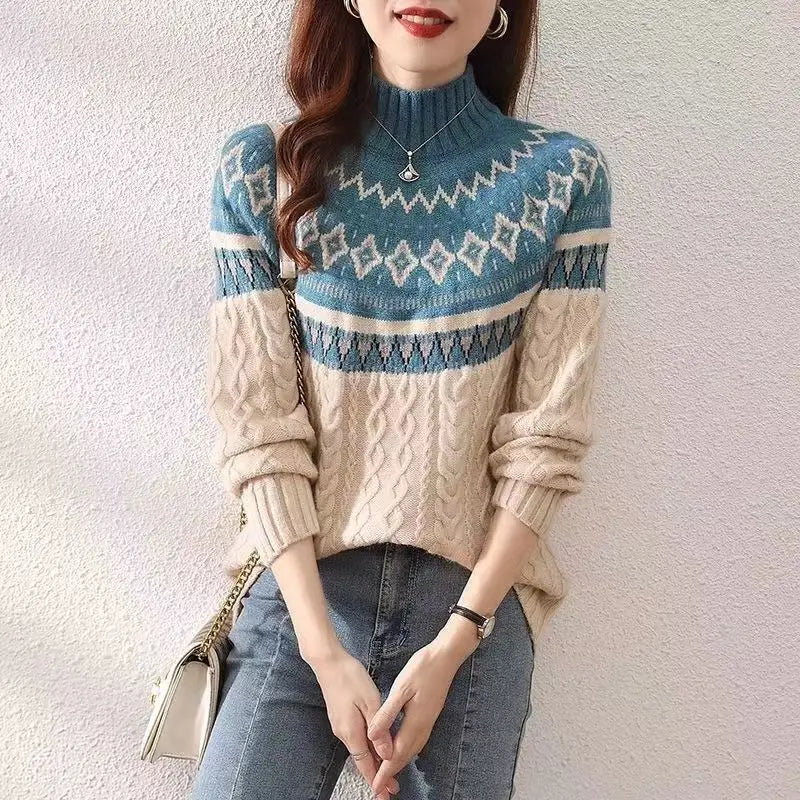 Geometric knit sweater with high neck, blue and cream, long sleeves, fitted hem