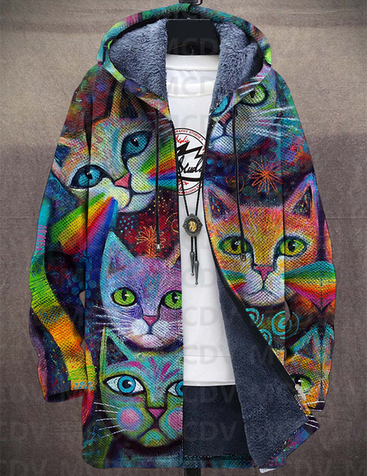 Multicolor printed zip-up cardigan with hood and fuzzy lining, cat art design