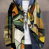 HAZEL hooded cardigan with multicolor cat art print, zip front, dark fleece lining
