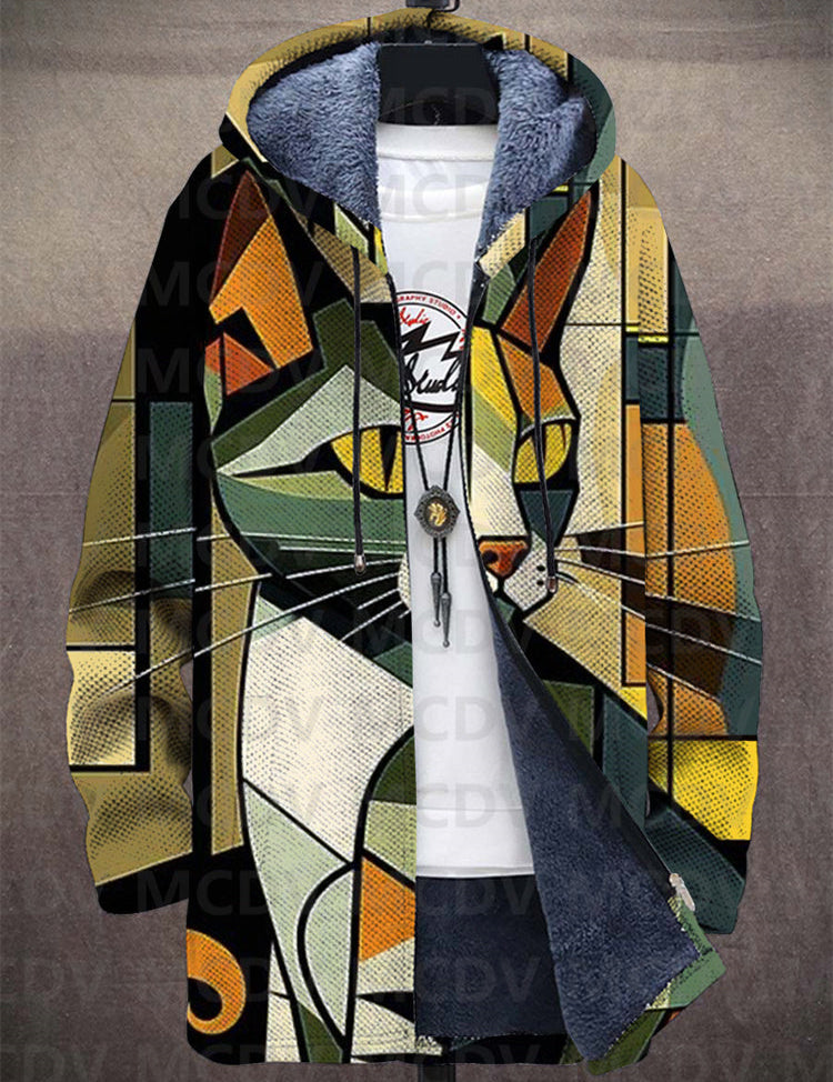 HAZEL hooded cardigan with multicolor cat art print, zip front, dark fleece lining