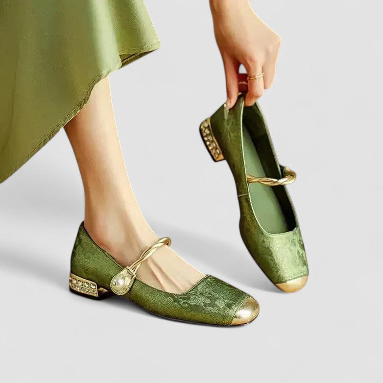 Green Mary Jane flats with buckle strap and low block heel