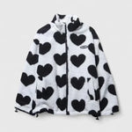 White and black heart-print fleece zip-up jacket with stand collar