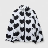 White and black heart-print fleece zip-up jacket with stand collar