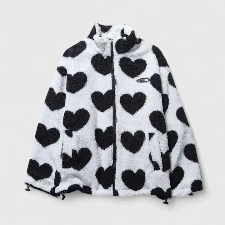 White and black heart-print fleece zip-up jacket with stand collar