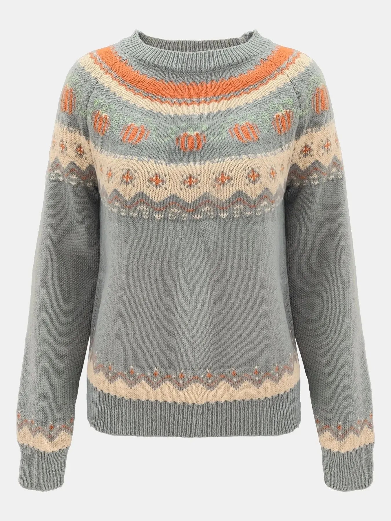 Marion vintage Icelandic sweater in heather gray with orange Nordic Fair Isle yoke