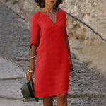 Red V-neck midi summer dress with draped sleeve detail and belly coverage