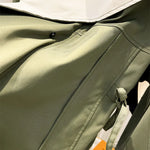 Olive green windbreaker jacket front with drawstring hood and zipper pull