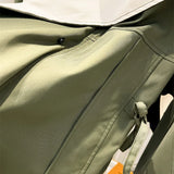 Olive green windbreaker jacket front with drawstring hood and zipper pull