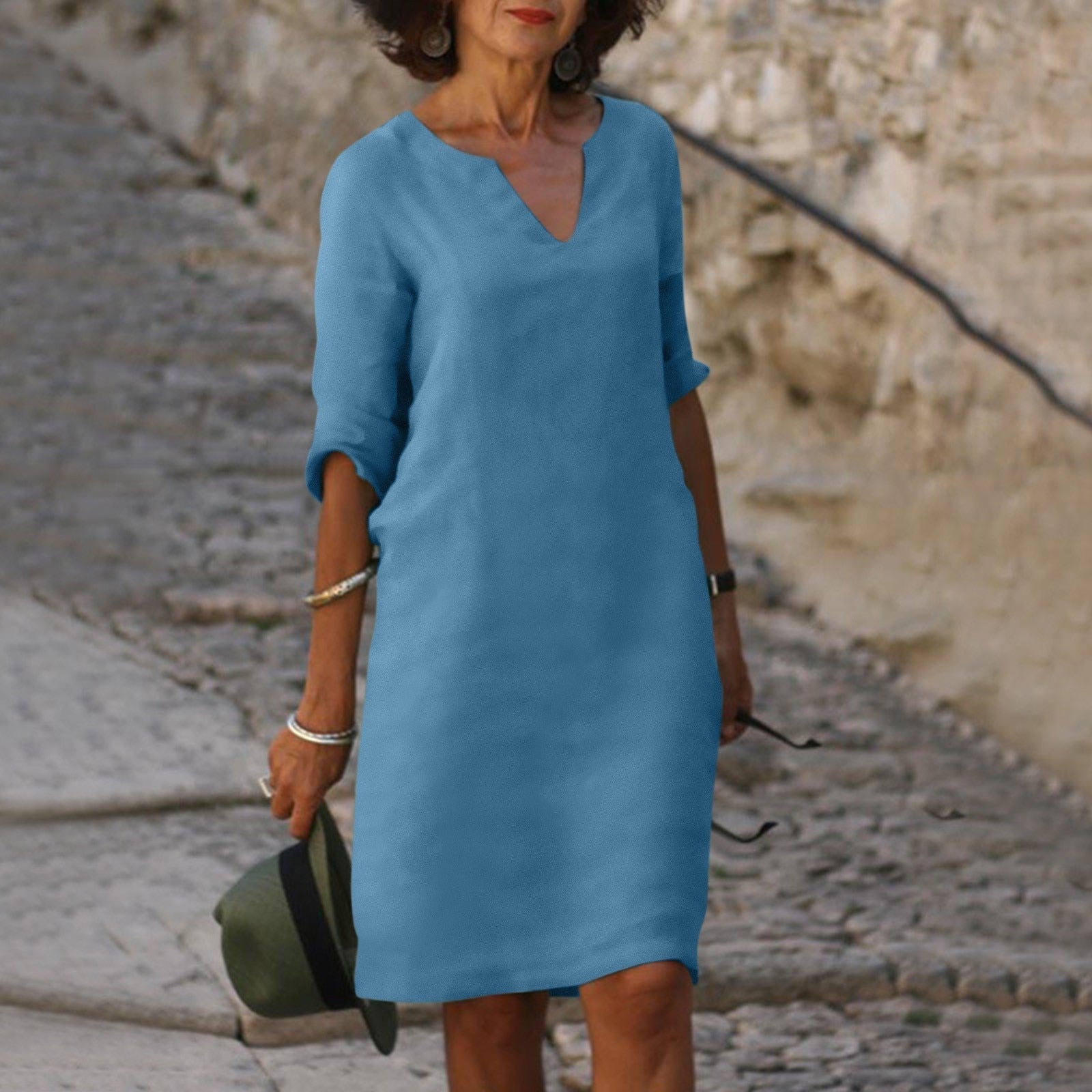 Luigia summer dress with belly covering, blue V-neck, 3/4 sleeves, knee length