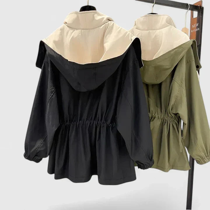 Rebekkah™ hooded jackets, black and olive, gathered back hem, long sleeves