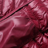 Maroon quilted puffer fabric with stitched panels and smooth hood lining