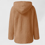 Tan plush sherpa hooded jacket, long sleeves, back view