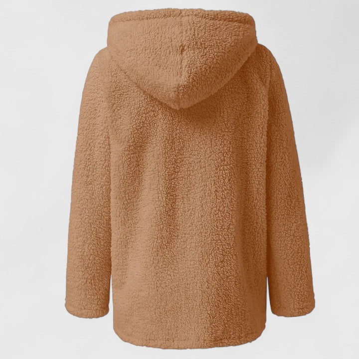 Tan plush sherpa hooded jacket, long sleeves, back view