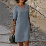 Powder blue V-neck midi summer dress with draped sleeve detail and belly coverage