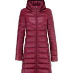 Dark red ultralight long puffer jacket with hood, full-length front zipper, side pockets