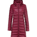 Dark red ultralight long puffer jacket with hood, full-length front zipper, side pockets
