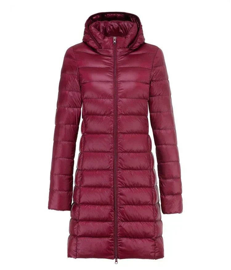 Dark red ultralight long puffer jacket with hood, full-length front zipper, side pockets