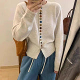 Cream knit cardigan, ribbed cuffs and hem, front button placket with multicolor buttons